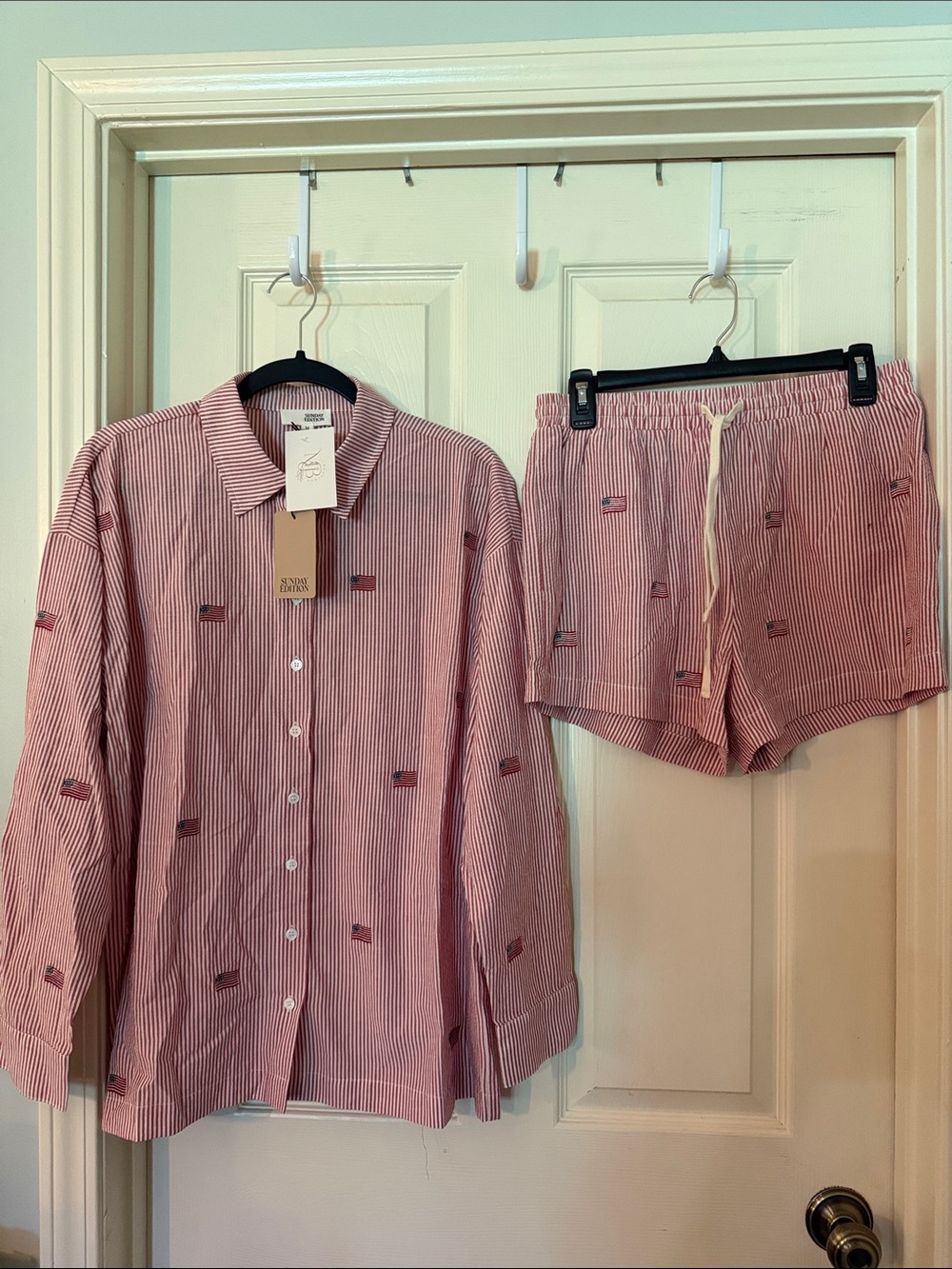 Stripe Flag Embroidered Oversized Button Down Shirt & Matching Striped Shorts